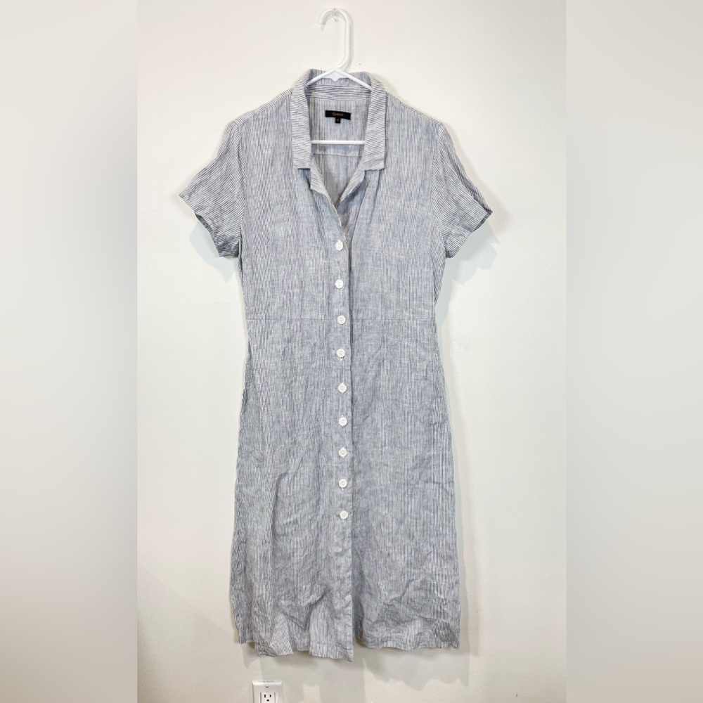 Quince 100% Linen Button Front Shirt Dress Womens M Seersucker Pinstriped Blue
